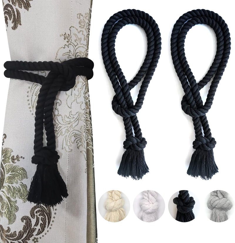 Yteseery 2 Pack Curtain tiebacks Rope, Outdoor Curtain Tiebacks, Natural Cotton Curtain Ties, Village Rural Rustic Farmhouse Curtain Holdbacks Curtain tie Backs Holders for Heavy Duty Drapes, Black - Image 1